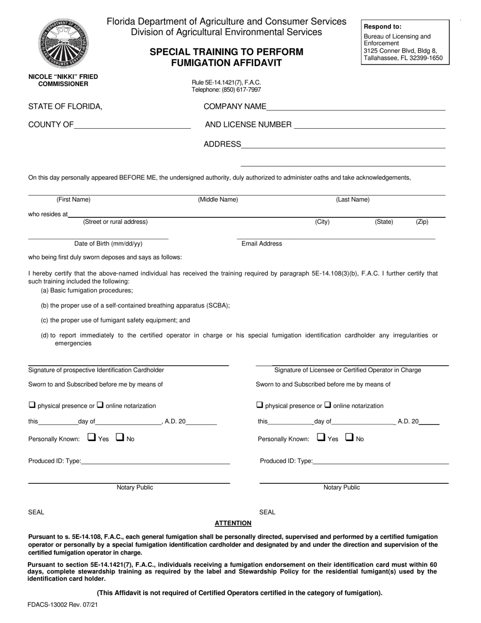 Form FDACS-13002 Special Training to Perform Fumigation Affidavit - Florida, Page 1