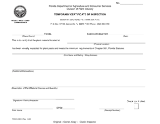 Document preview: Form FDACS-08010 Temporary Certificate of Inspection - Florida