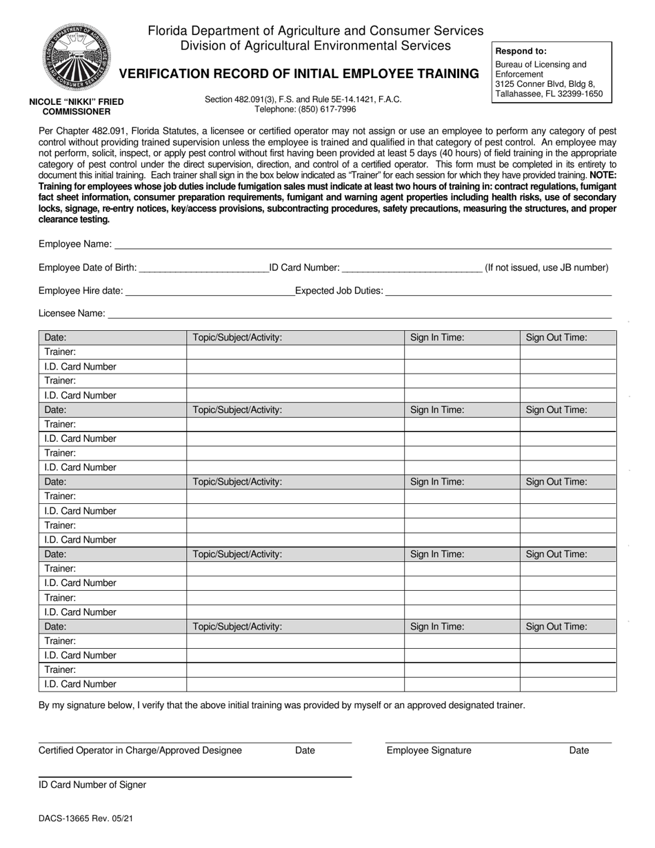 Form FDACS-13665 Verification Record of Initial Employee Training - Florida, Page 1