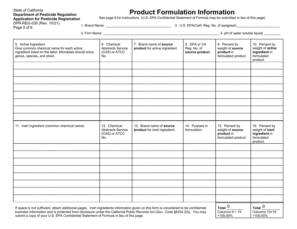 Form DPR-REG-030 Product Formulation Information - California, Page 1
