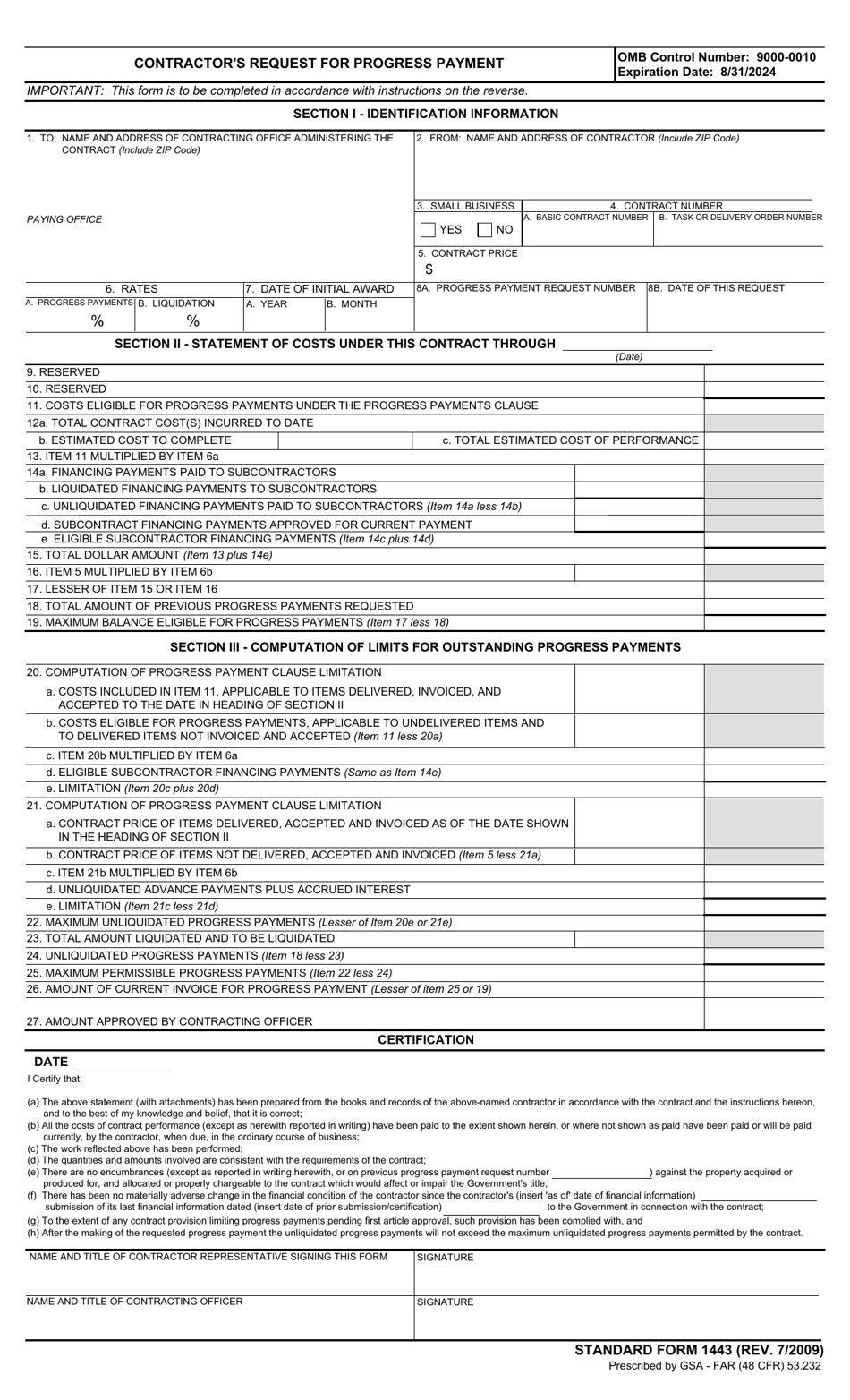 Form SF-1443 Contractors Request for Progress Payment, Page 1