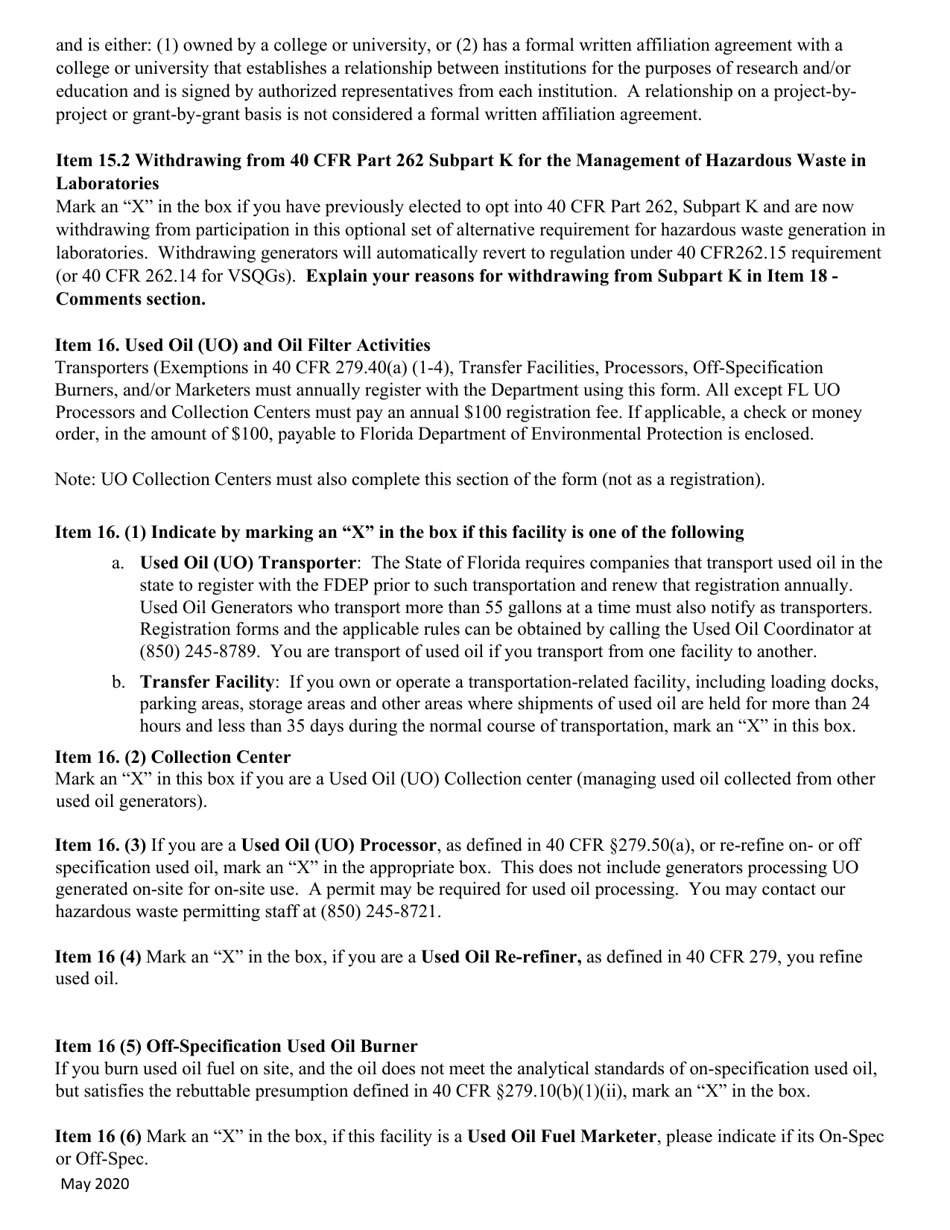 Instructions for DEP Form 62-730.900(1)(B), 8700-12FL Florida Notification of Regulated Waste Activity - Florida, Page 10