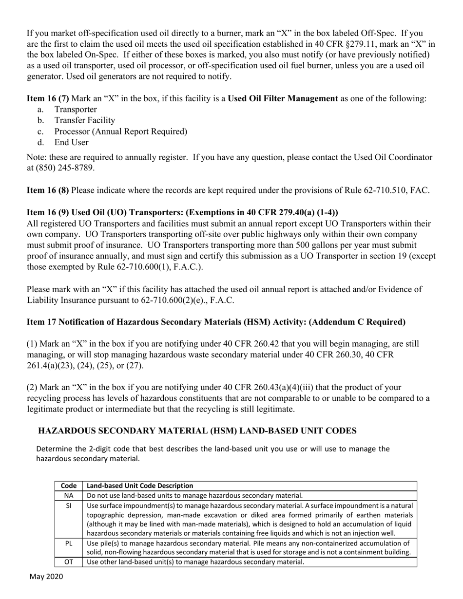 Instructions for DEP Form 62-730.900(1)(B), 8700-12FL Florida Notification of Regulated Waste Activity - Florida, Page 11