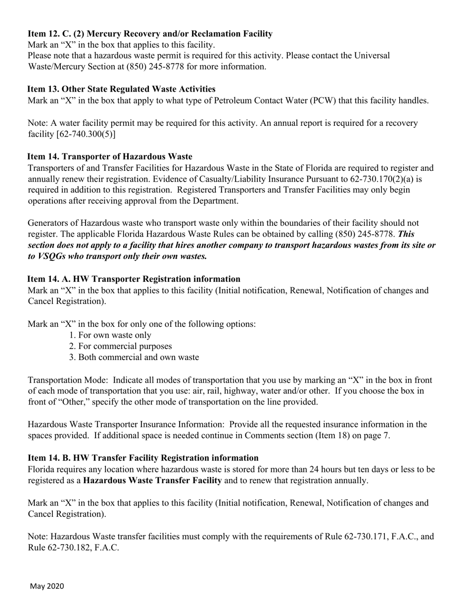 Instructions for DEP Form 62-730.900(1)(B), 8700-12FL Florida Notification of Regulated Waste Activity - Florida, Page 8