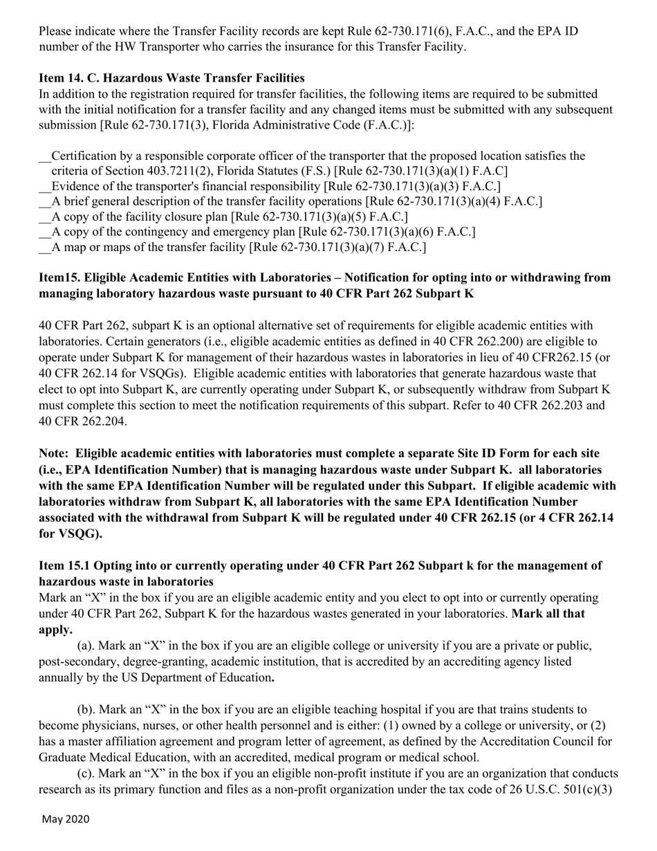 Instructions for DEP Form 62-730.900(1)(B), 8700-12FL Florida Notification of Regulated Waste Activity - Florida, Page 9