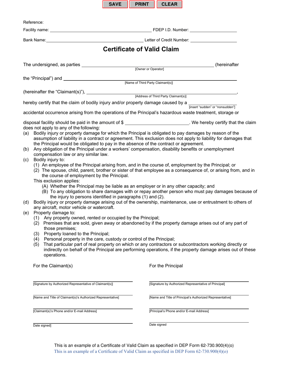 DEP Form 62-730.900(4)(O) Certificate of Valid Claim Example - Florida, Page 1