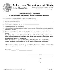 Limited Liability Company Certificate of Transfer of Domicile From Arkansas - Arkansas