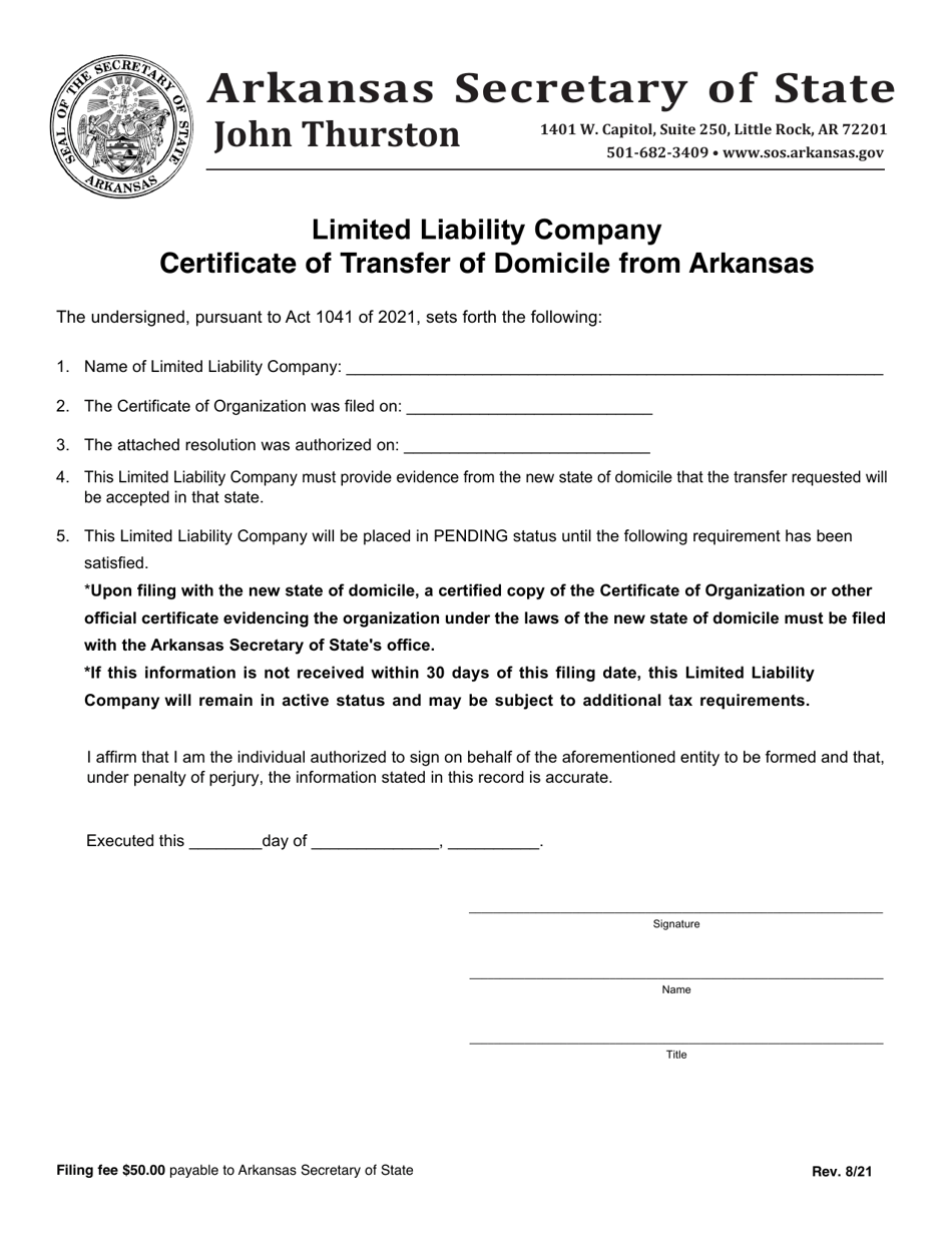 Limited Liability Company Certificate of Transfer of Domicile From Arkansas - Arkansas, Page 1