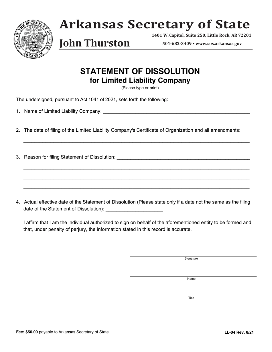Form LL-04 Statement of Dissolution for Limited Liability Company - Arkansas, Page 1