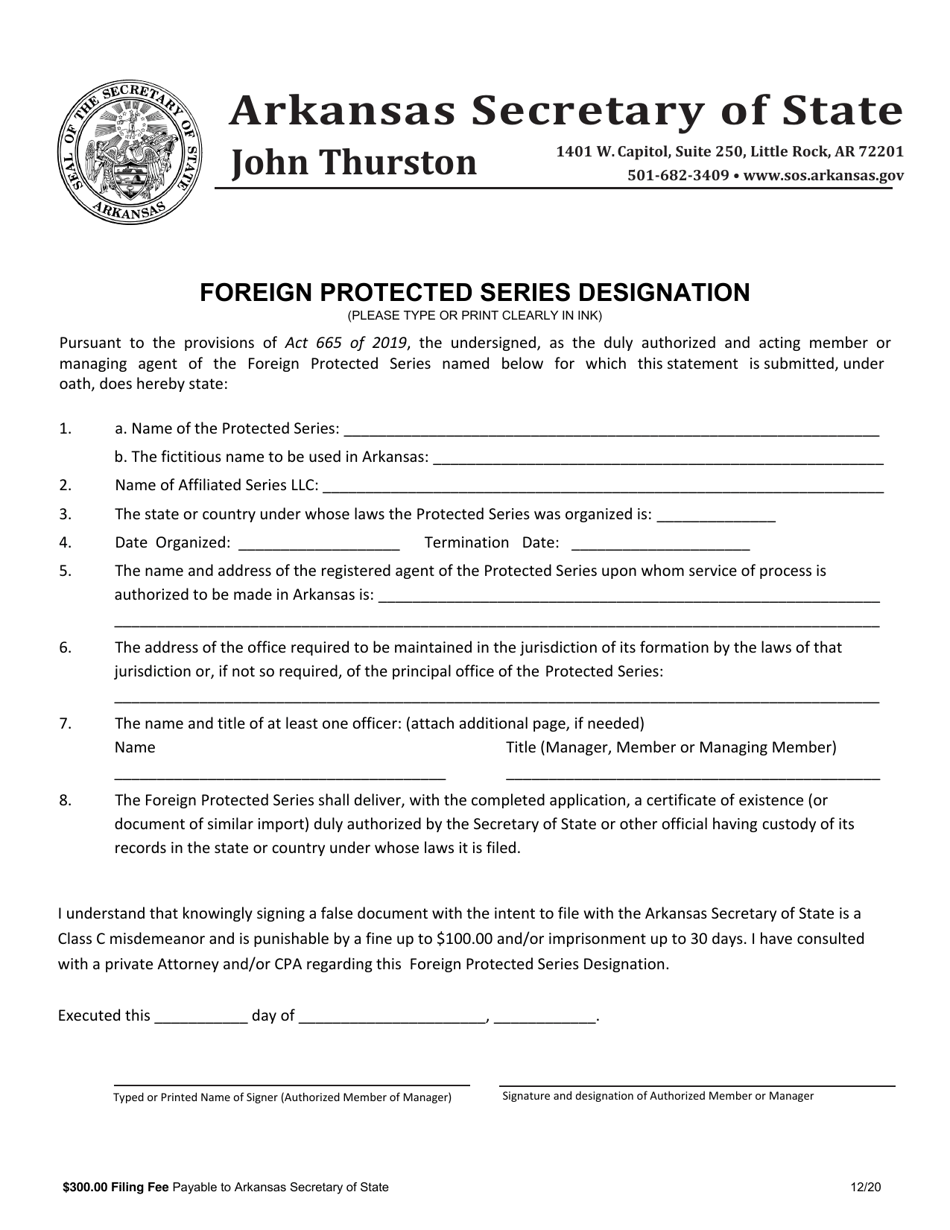 Arkansas Foreign Protected Series Designation Fill Out, Sign Online and Download PDF