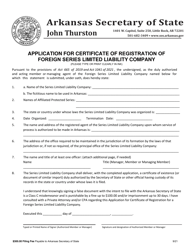 Application for Certificate of Registration of Foreign Series Limited Liability Company - Arkansas