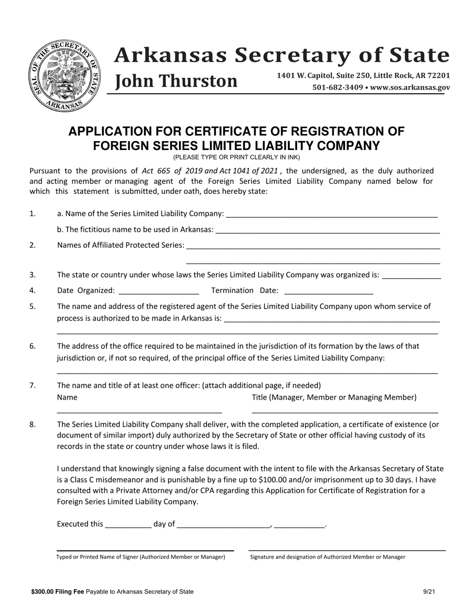 Application for Certificate of Registration of Foreign Series Limited Liability Company - Arkansas, Page 1