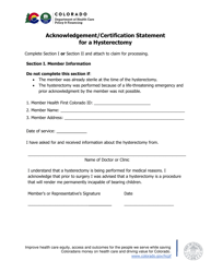 Document preview: Acknowledgement/Certification Statement for a Hysterectomy - Colorado