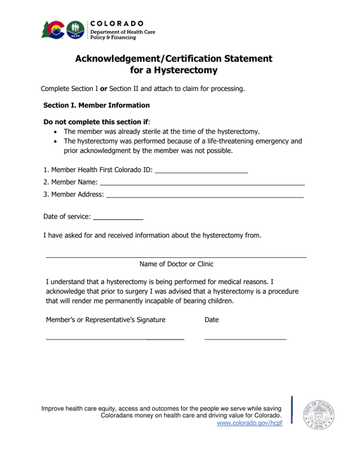 Acknowledgement / Certification Statement for a Hysterectomy - Colorado Download Pdf