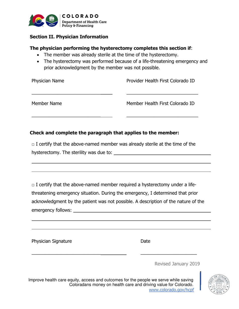Acknowledgement / Certification Statement for a Hysterectomy - Colorado, Page 2