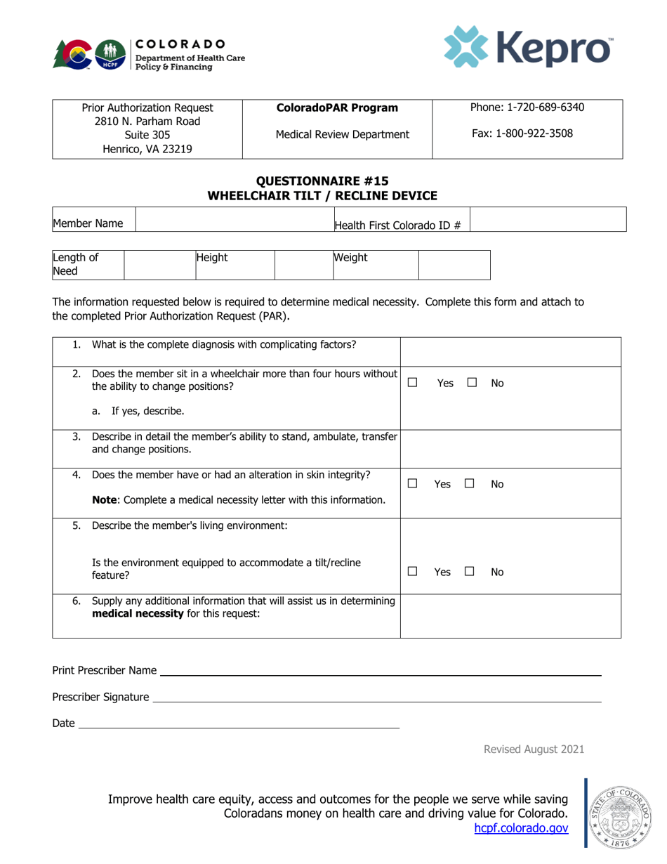 Colorado Questionnaire 15 Wheelchair Tilt / Recline Device Download