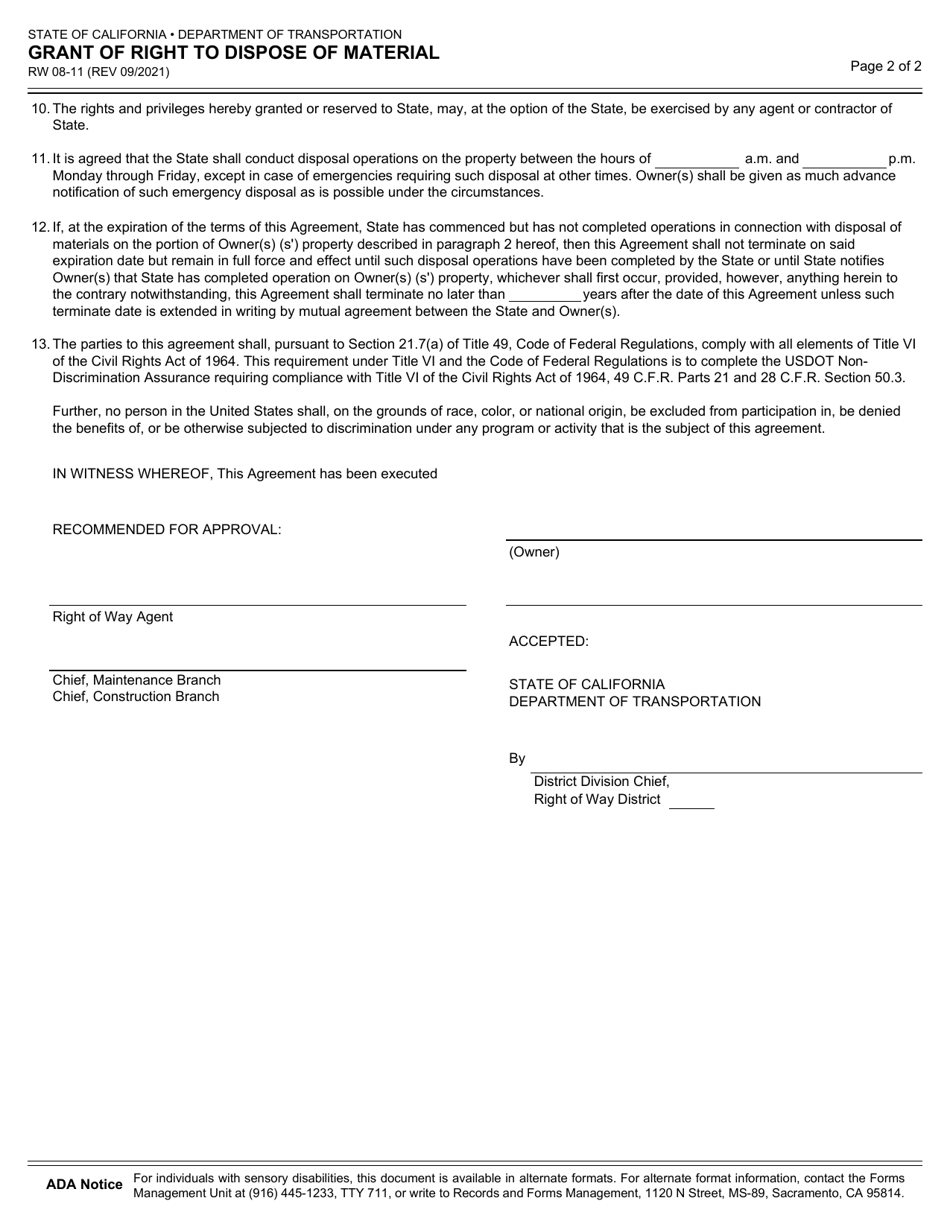 Form RW08-11 Grant of Right to Dispose of Material - California, Page 2