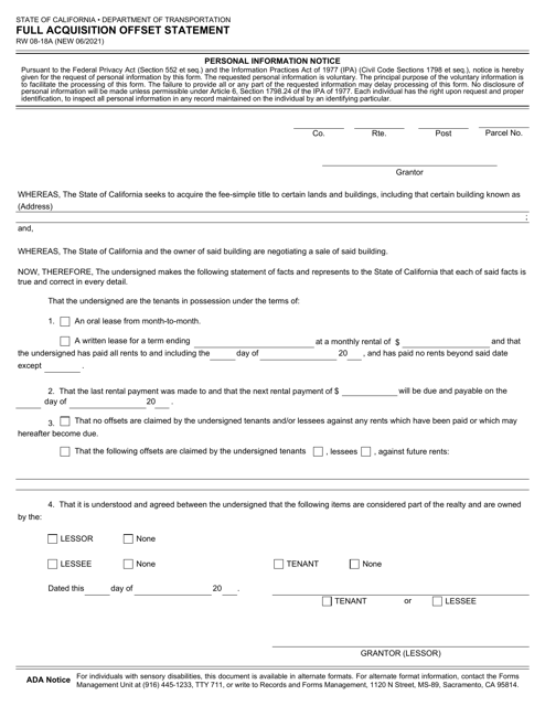 Form RW08-18A Full Acquisition Offset Statement - California