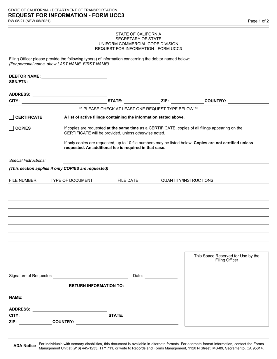 Form RW08-21 Request for Information - Form Ucc3 - California, Page 1