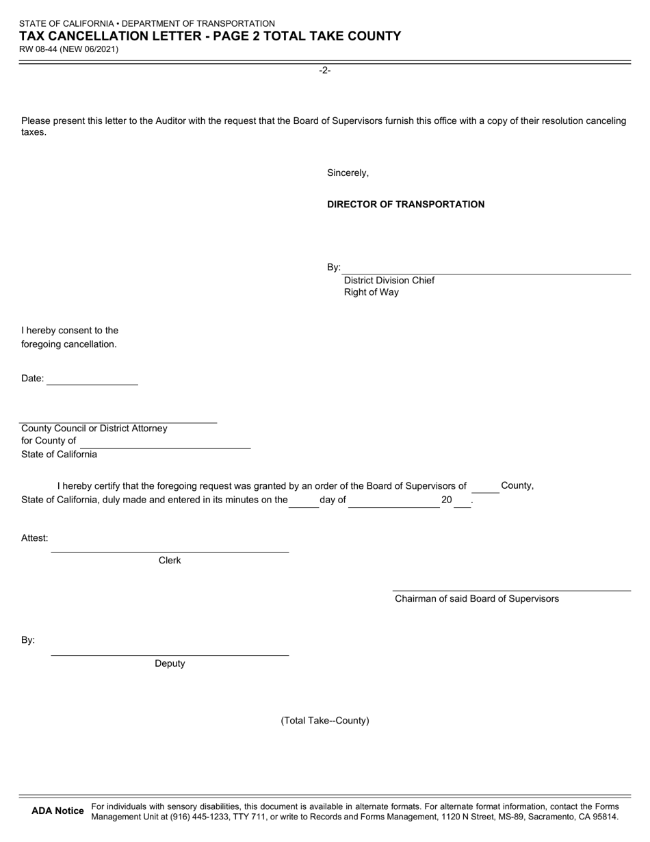 Form RW08-44 Page 2 Tax Cancellation Letter - Total Take County - California, Page 1