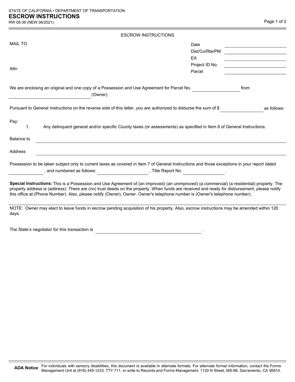 Form Rw08 36 Download Fillable Pdf Or Fill Online Escrow Instructions