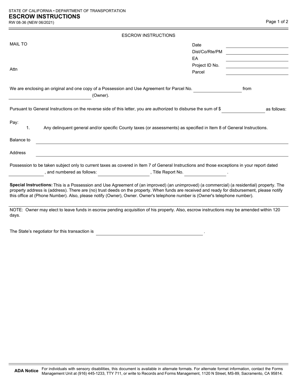 Form RW08-36 Escrow Instructions - California, Page 1