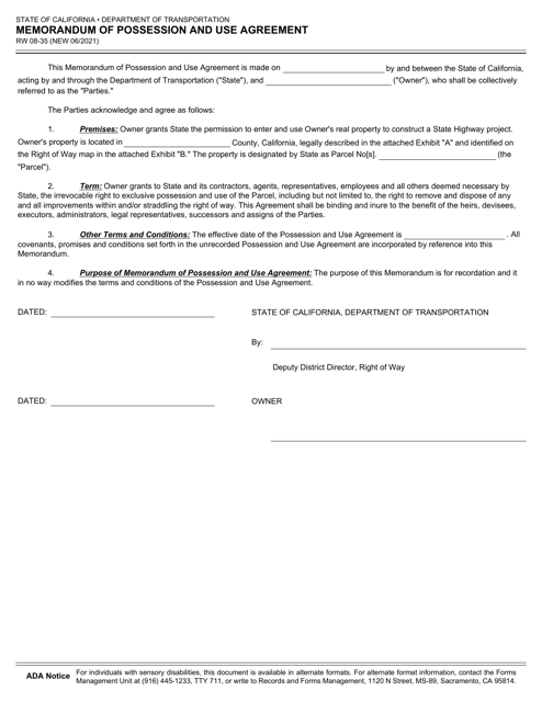 Document preview: Form RW08-35 Memorandum of Possession and Use Agreement - California