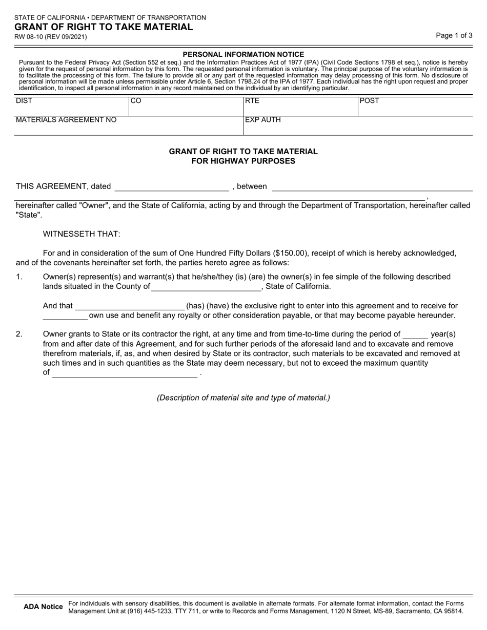 Form RW08-10 Grant of Right to Take Material - California, Page 1