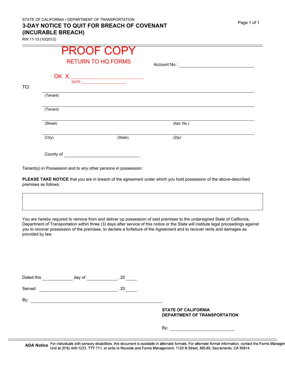 Form RW11-13 3-day Notice to Quit for Breach of Covenant (Incurable Breach) - California, Page 1