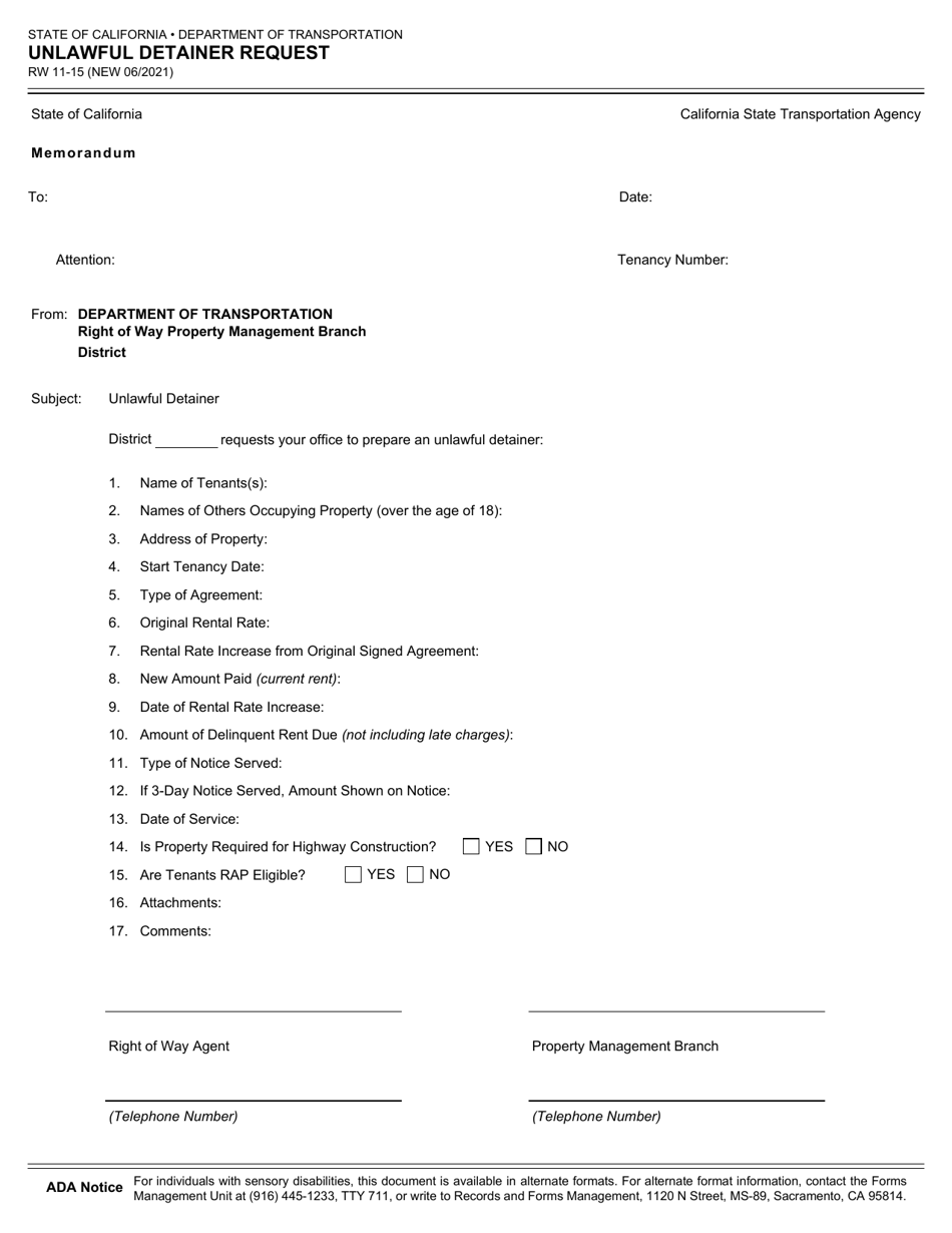 Form RW11-15 Unlawful Detainer Request - California, Page 1