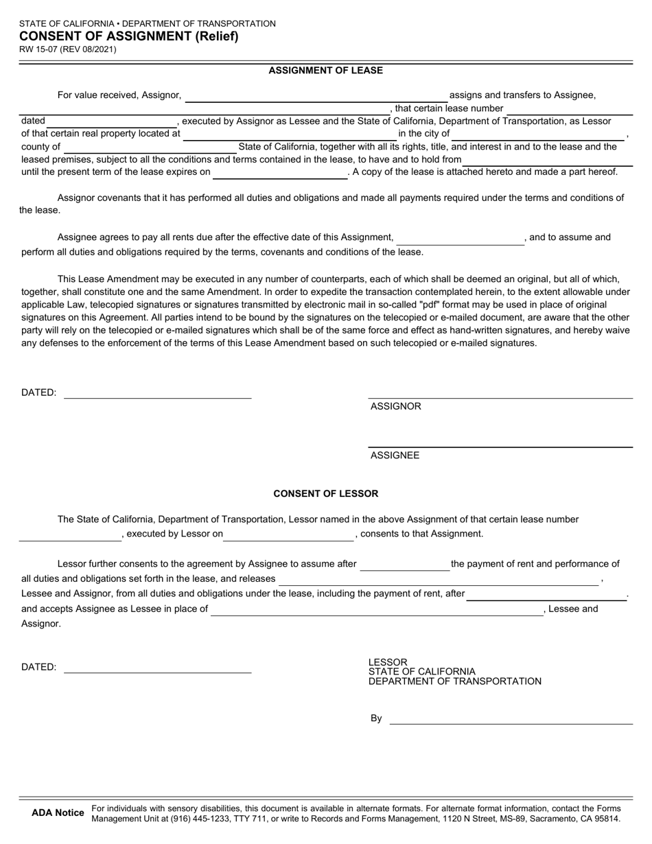 Form RW15-07 Download Fillable PDF or Fill Online Consent of Assignment ...