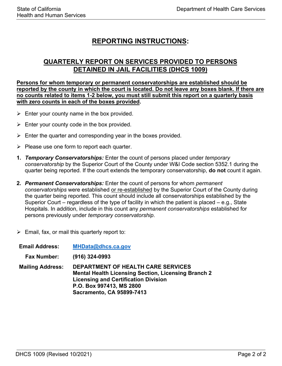 Form DHCS1009 Quarterly Report on Services Provided to Persons Detained in Jail Facilities - California, Page 2