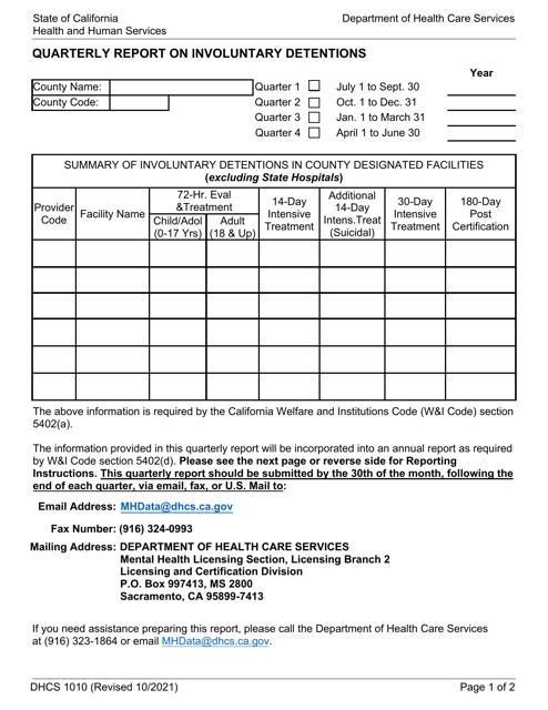 Form DHCS1010  Printable Pdf