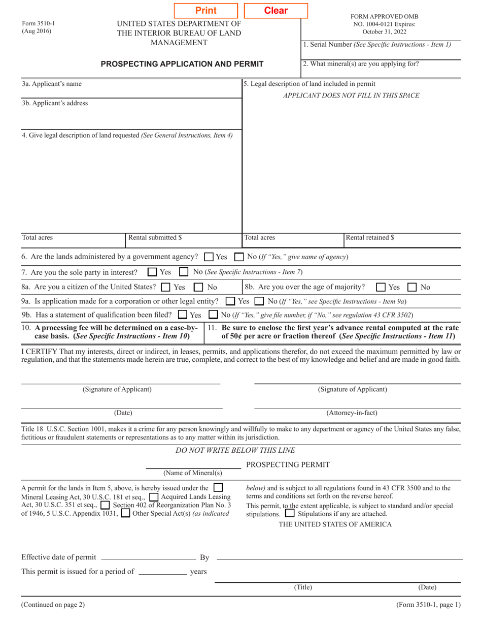 Form 3510-1 Prospecting Application and Permit, Page 1