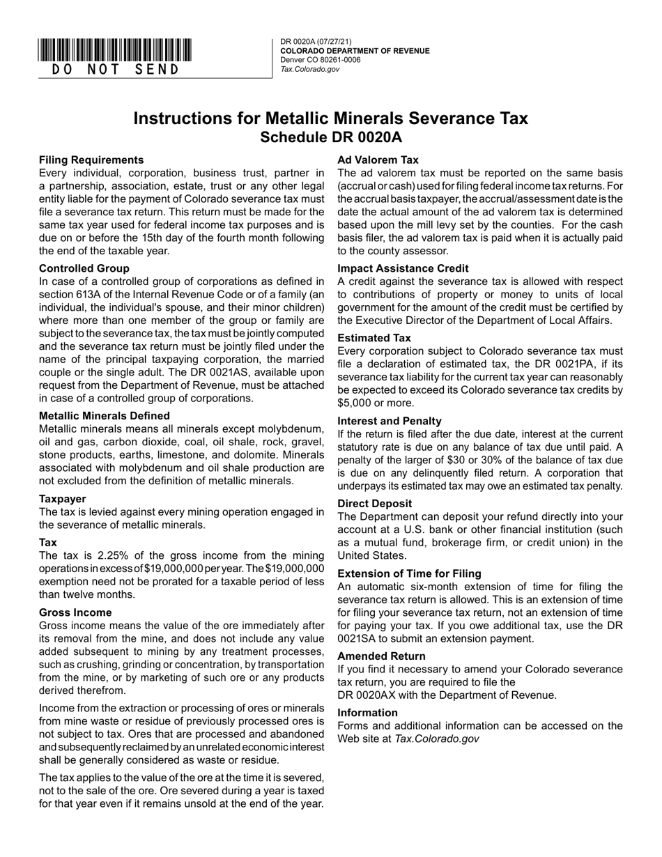 Form DR0020A Colorado Metallic Minerals Severance Tax Return - Colorado, Page 1