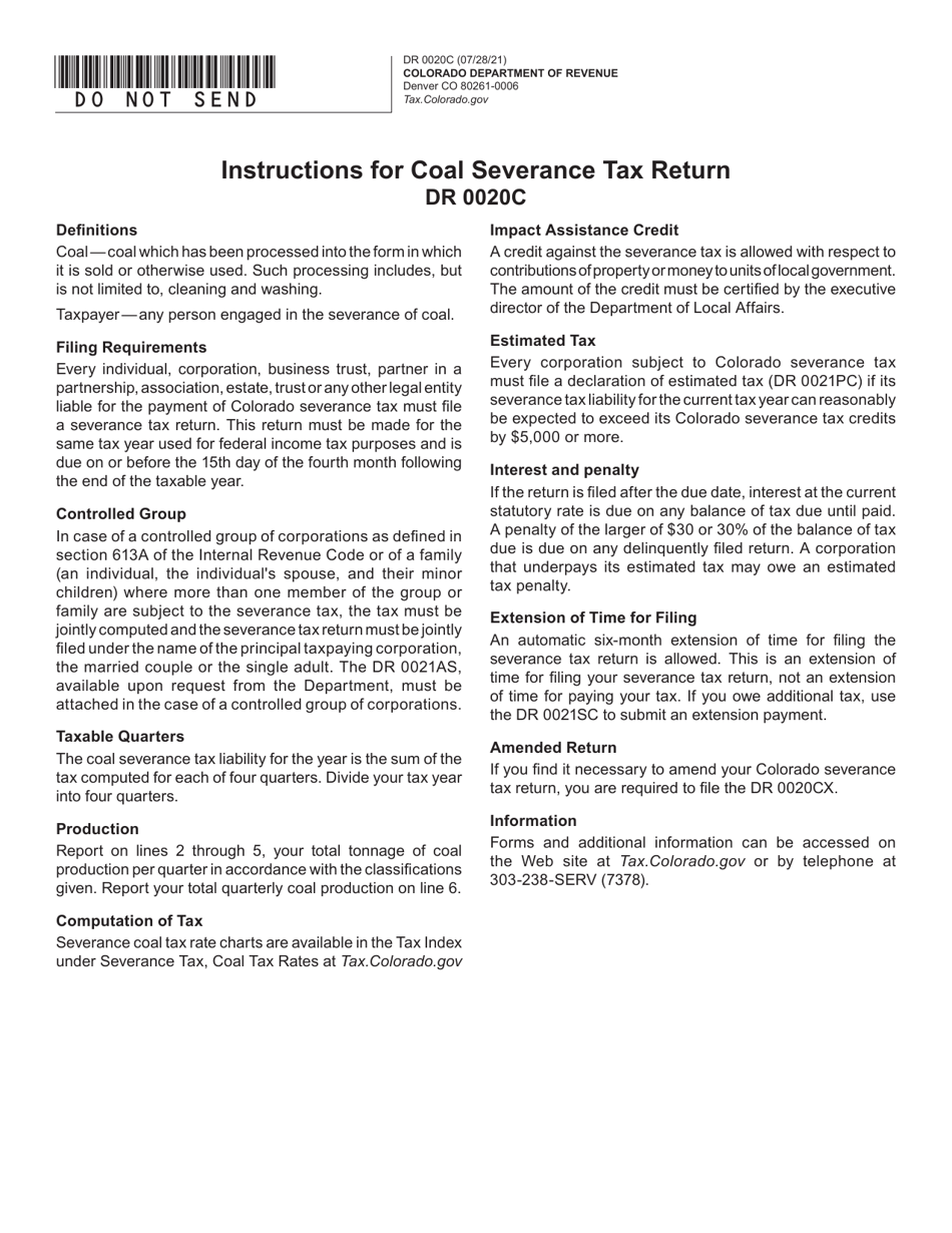 Form DR0020C Colorado Coal Severance Tax Return - Colorado, Page 1