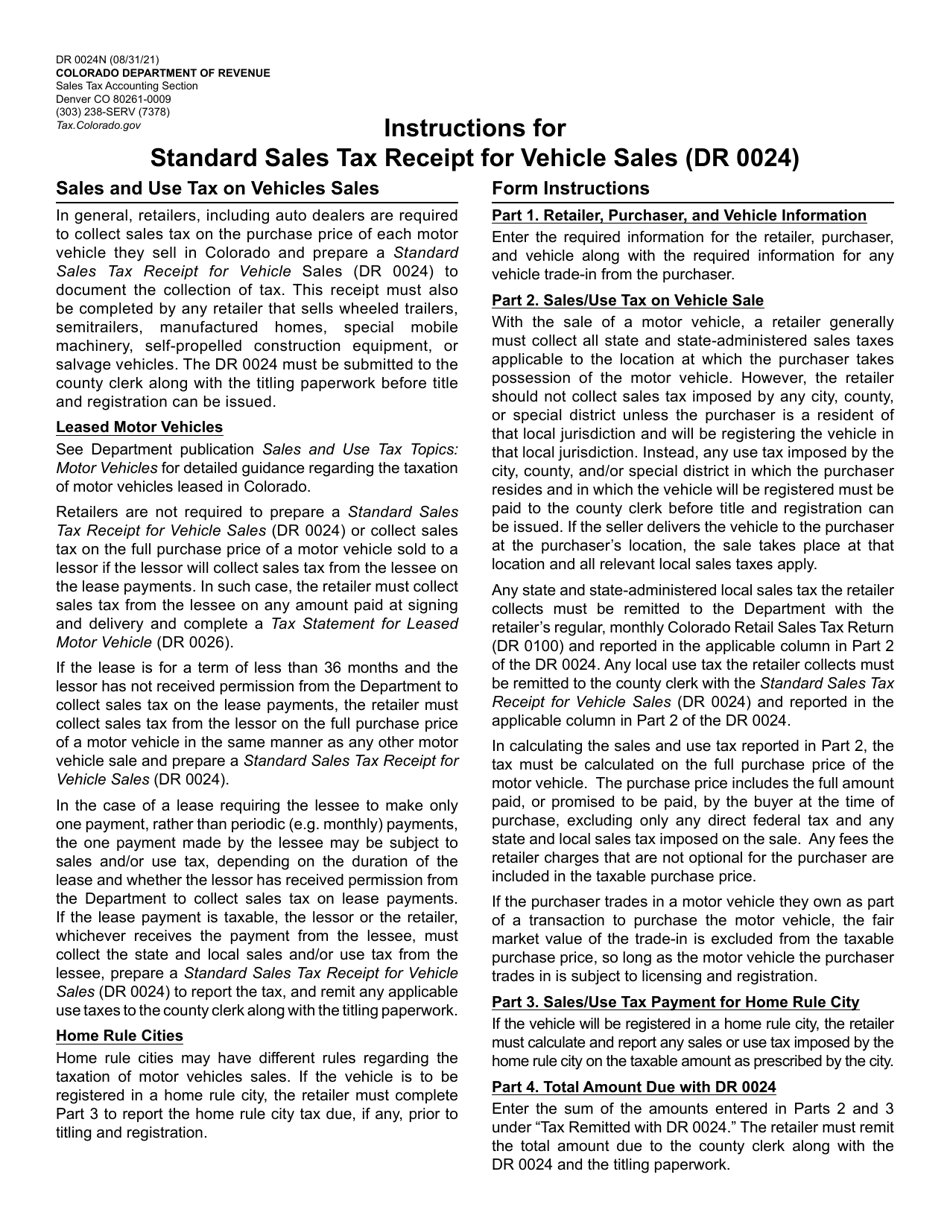 Download Instructions for Form DR0024 Standard Sales Tax Receipt for
