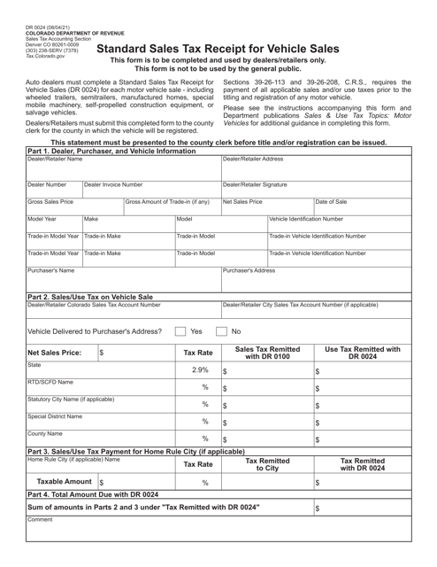 Form DR0024 Standard Sales Tax Receipt for Vehicle Sales - Colorado