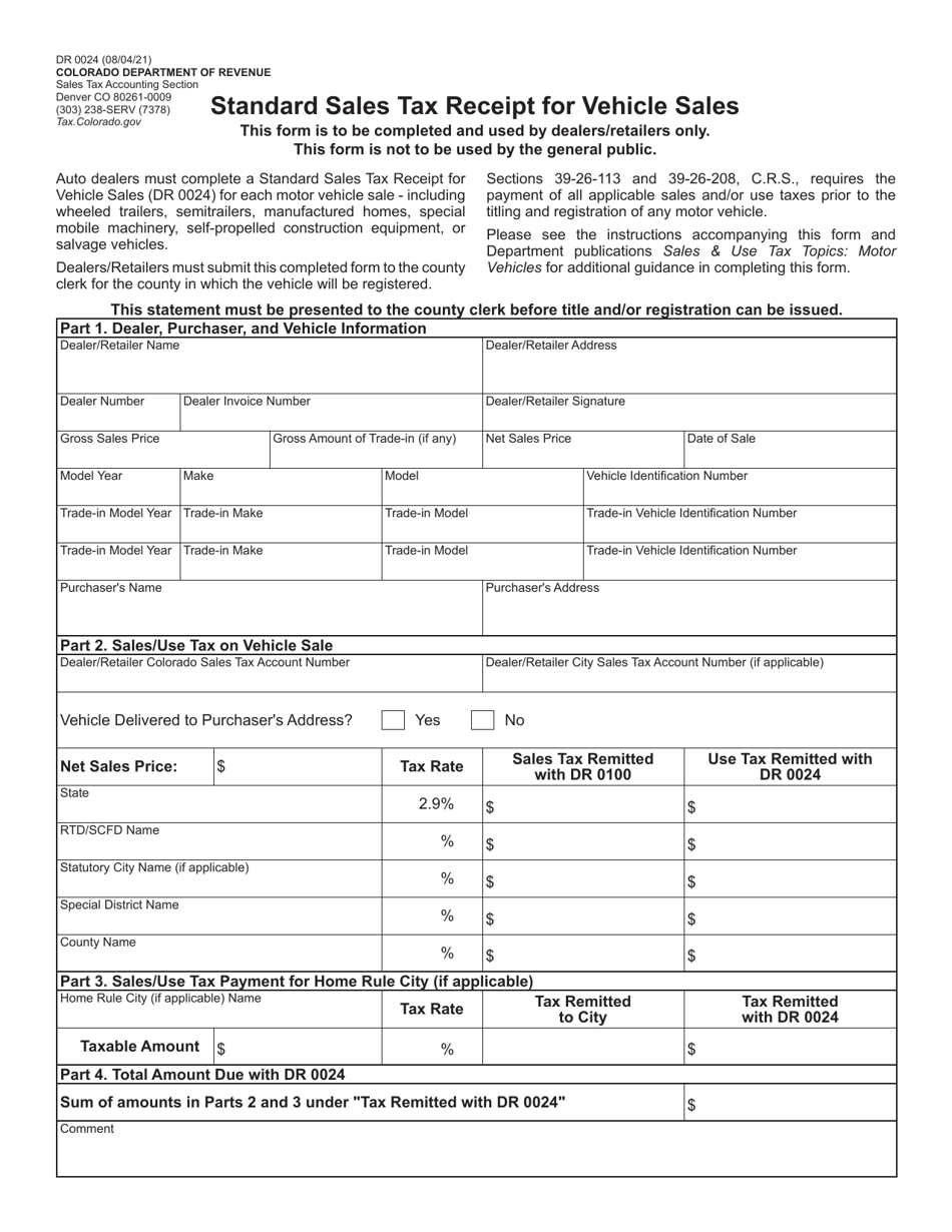 Form DR0024 Standard Sales Tax Receipt for Vehicle Sales - Colorado, Page 1