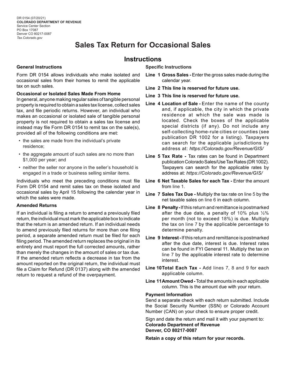 Form DR0154 Sales Tax Return for Occasional Sales - Colorado, Page 1