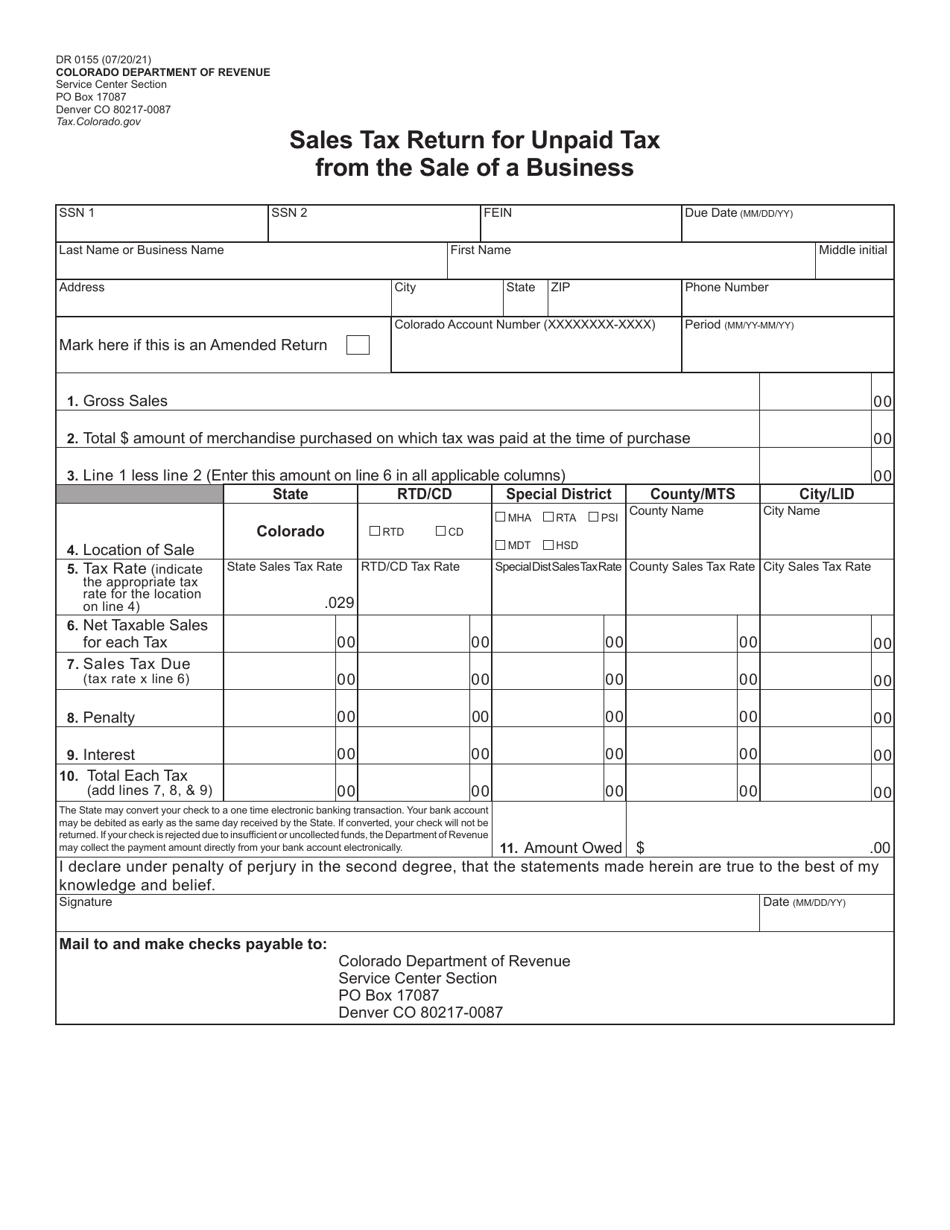 Form DR0155 Sales Tax Return for Unpaid Tax From the Sale of a Business - Colorado, Page 2