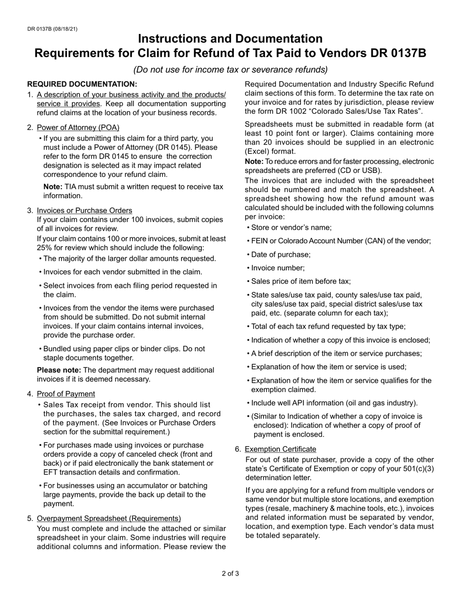 Form DR0137B Claim for Refund of Tax Paid to Vendors - Colorado, Page 2