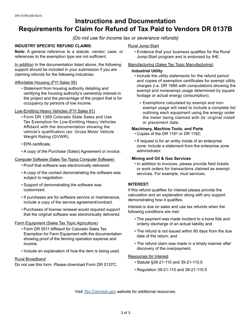 Form DR0137B Claim for Refund of Tax Paid to Vendors - Colorado, Page 3