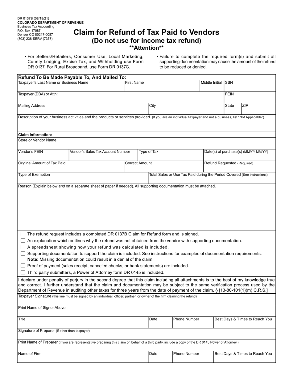 Form DR0137B Claim for Refund of Tax Paid to Vendors - Colorado, Page 4