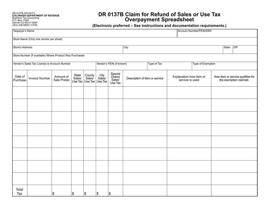 Form DR0137B Claim for Refund of Tax Paid to Vendors - Colorado, Page 5