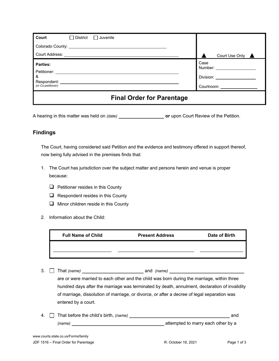 Form JDF1516 Final Order for Parentage - Colorado, Page 1