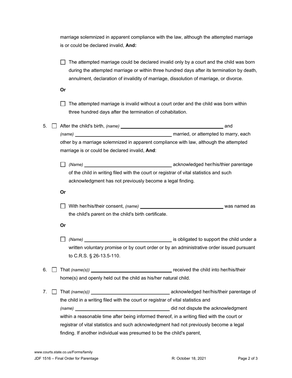 Form JDF1516 Download Printable PDF or Fill Online Final Order for ...