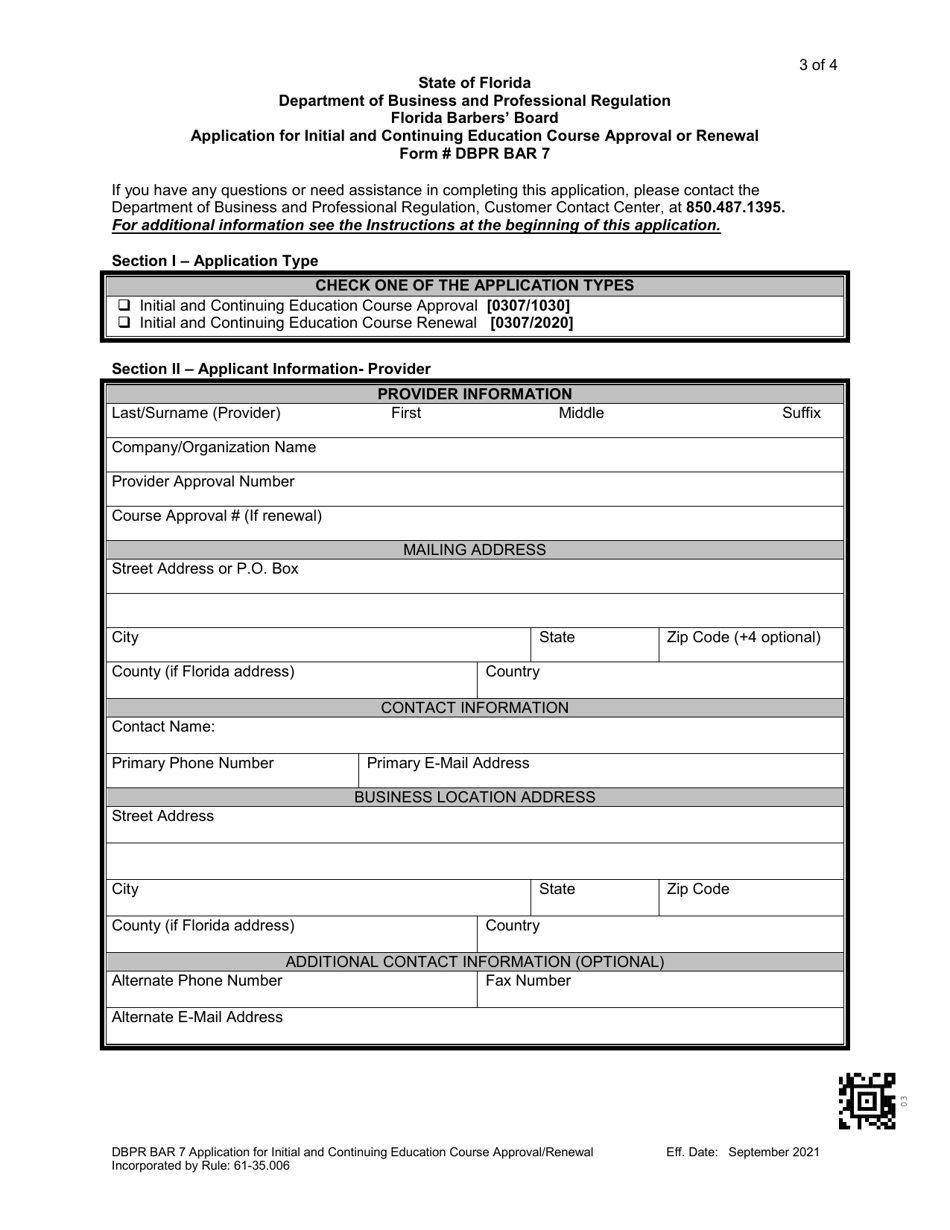 Form DBPR BAR7 Application for Initial and Continuing Education Course Approval or Renewal - Florida, Page 3
