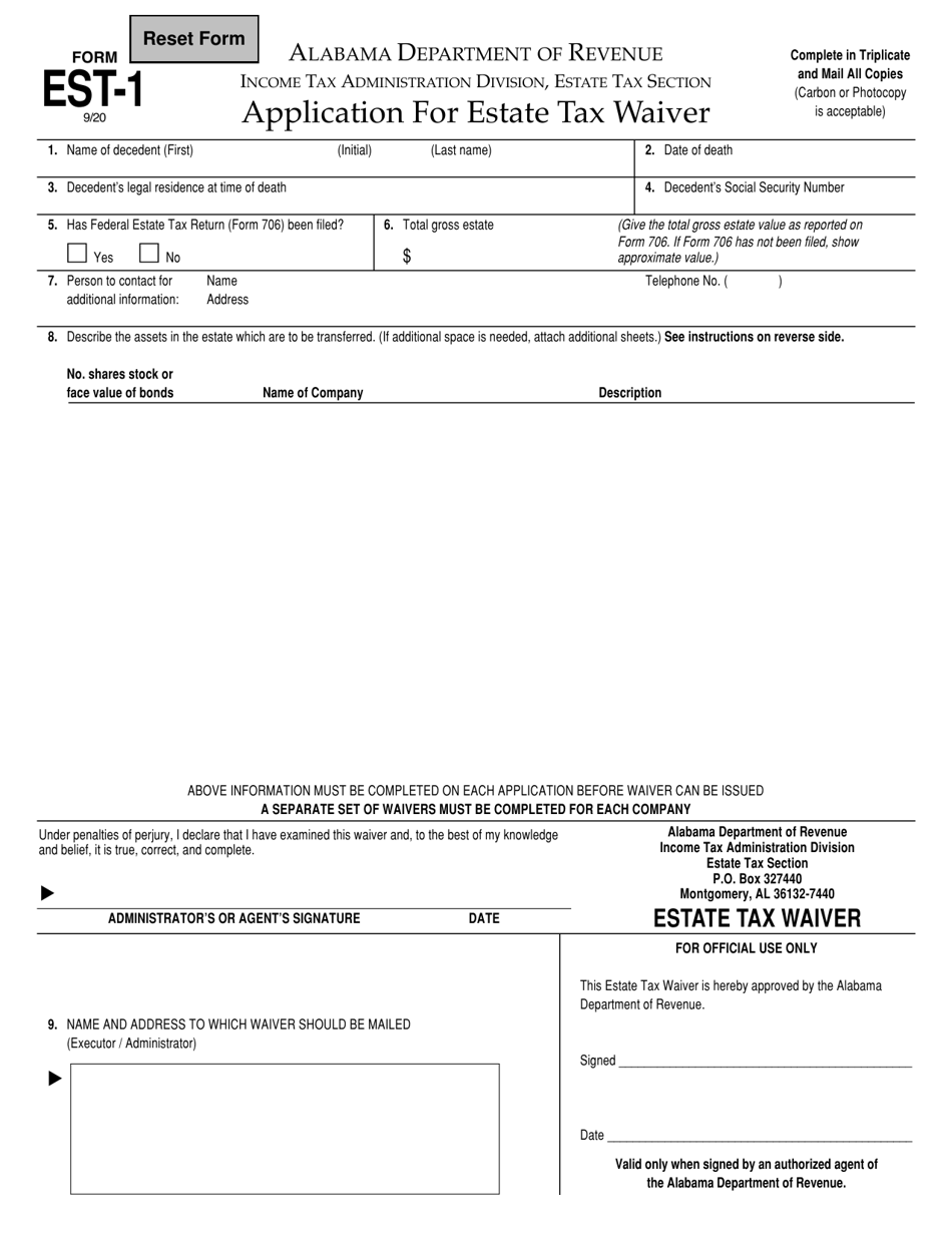 Form EST-1 Application for Estate Tax Waiver - Alabama, Page 1