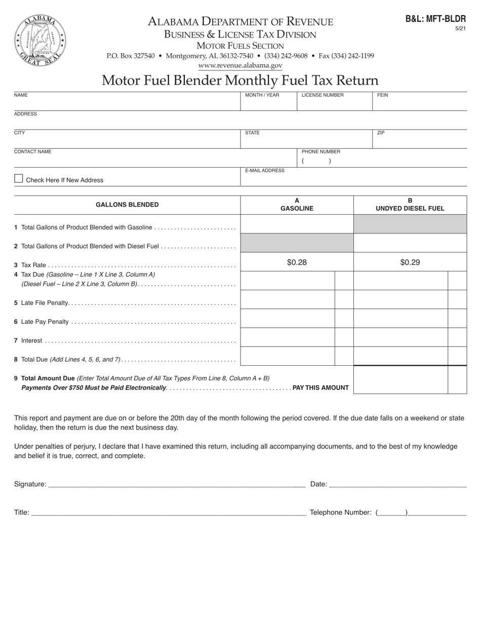 Form BL: MFT-BLDR Motor Fuel Blender Monthly Fuel Tax Return - Alabama, Page 1